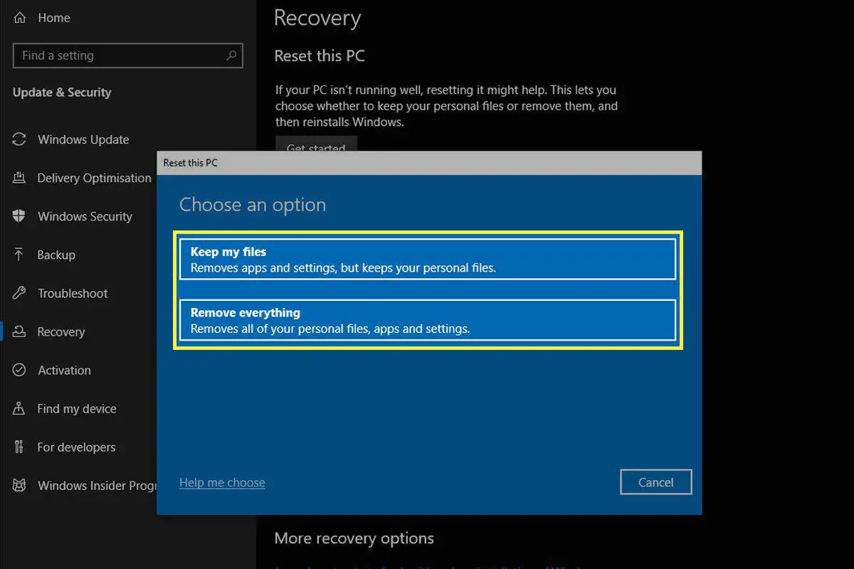 Opções para reinicializar seu PC no Windows 10.