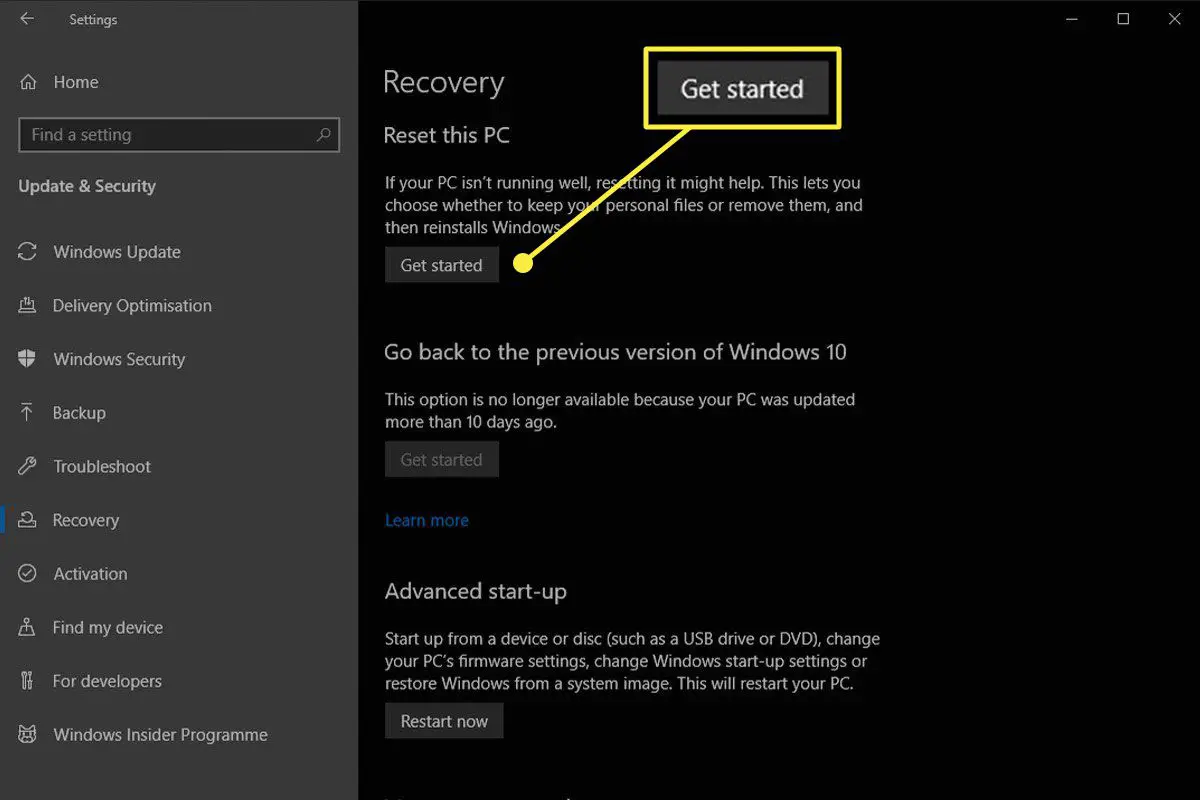 O botão Começar dentro de Recuperação no Windows 10.