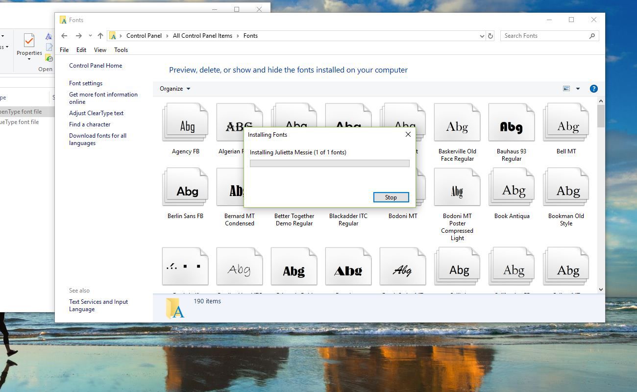 Captura de tela da janela de instalação de fontes