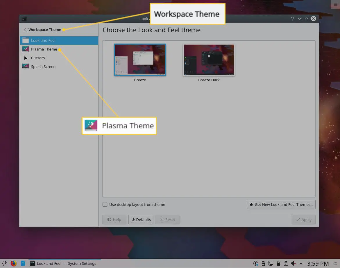 Captura de tela da janela Tema do espaço de trabalho do KDE.