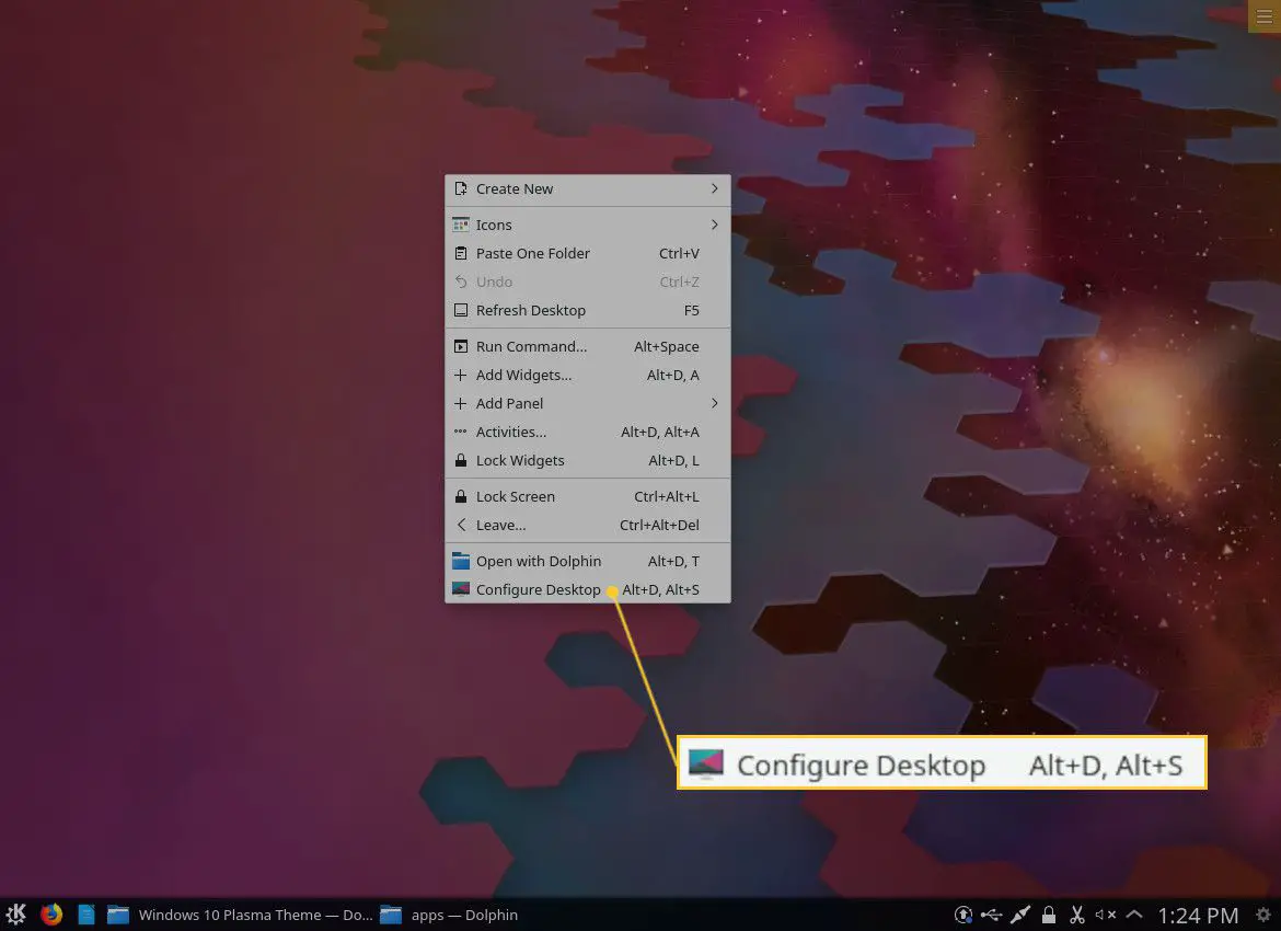 Captura de tela da entrada do menu Configure Desktop.