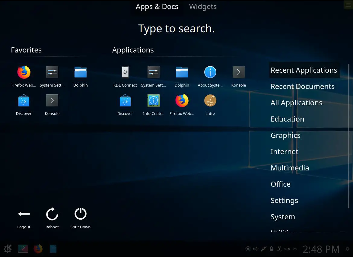Captura de tela do novo menu do KDE.