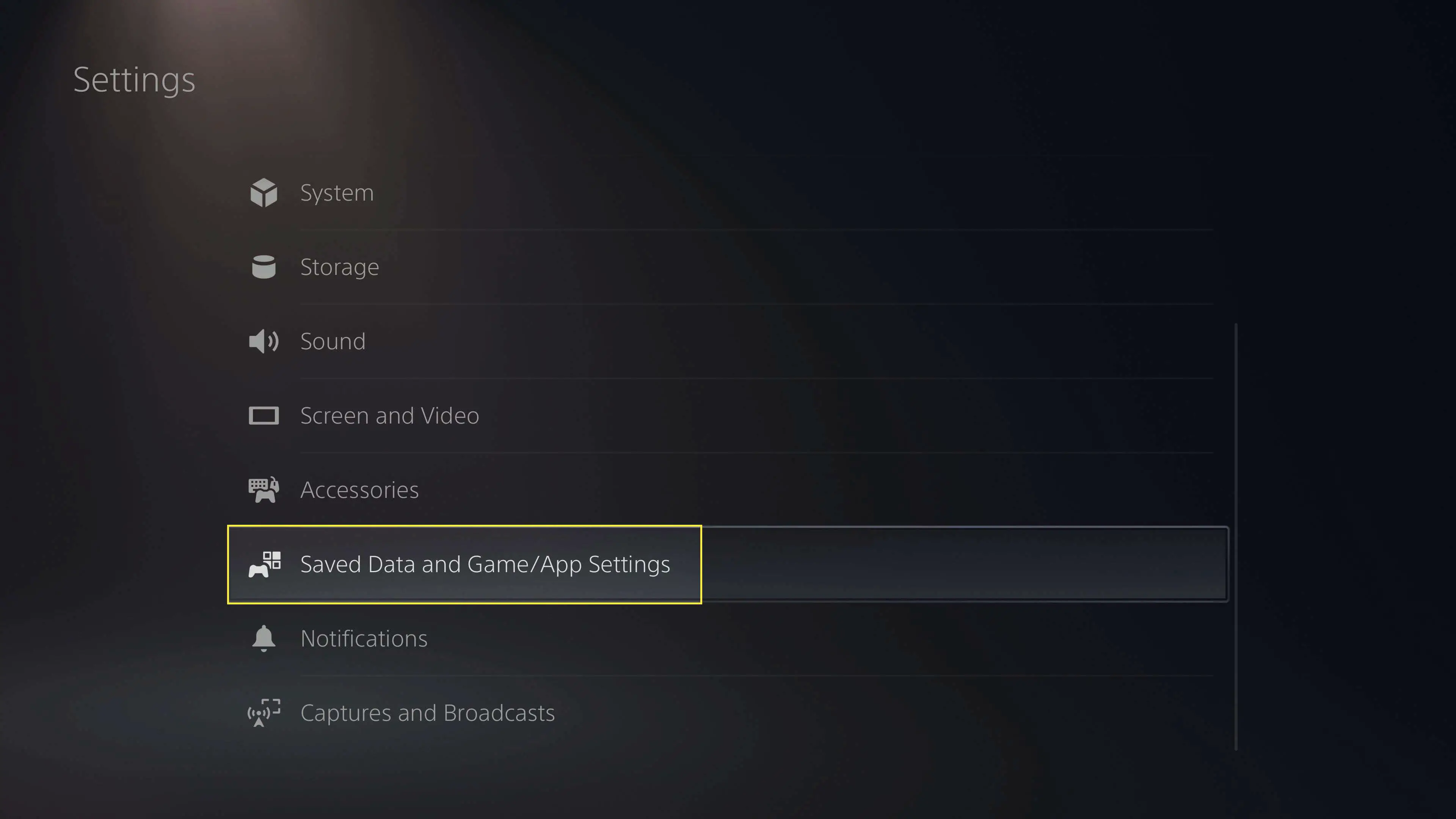 "Dados salvos e configurações de jogos / aplicativos" nas configurações do PS5