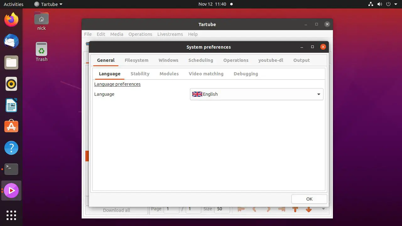 Janela de preferências do Ubuntu Tartube
