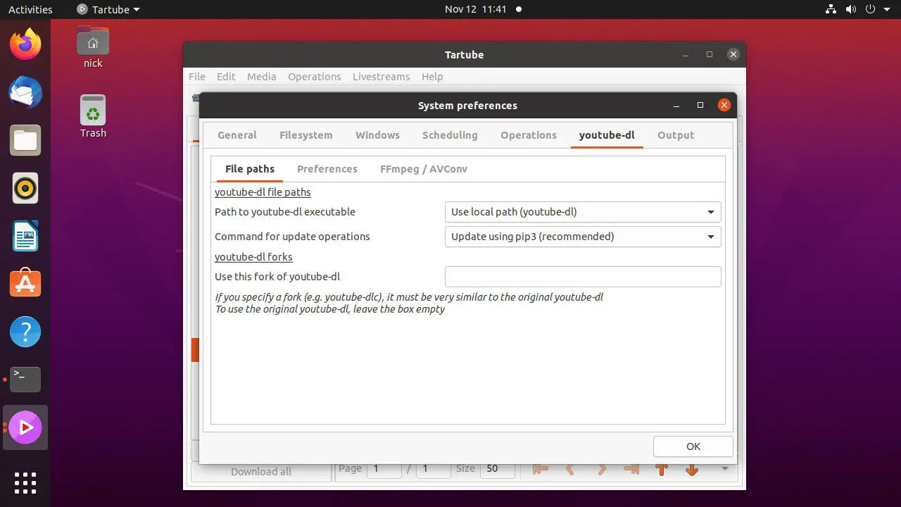 Ubuntu Tartube definir caminho youtube-dl
