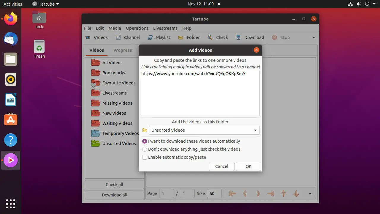 Ubuntu Tartube adicionar URLs