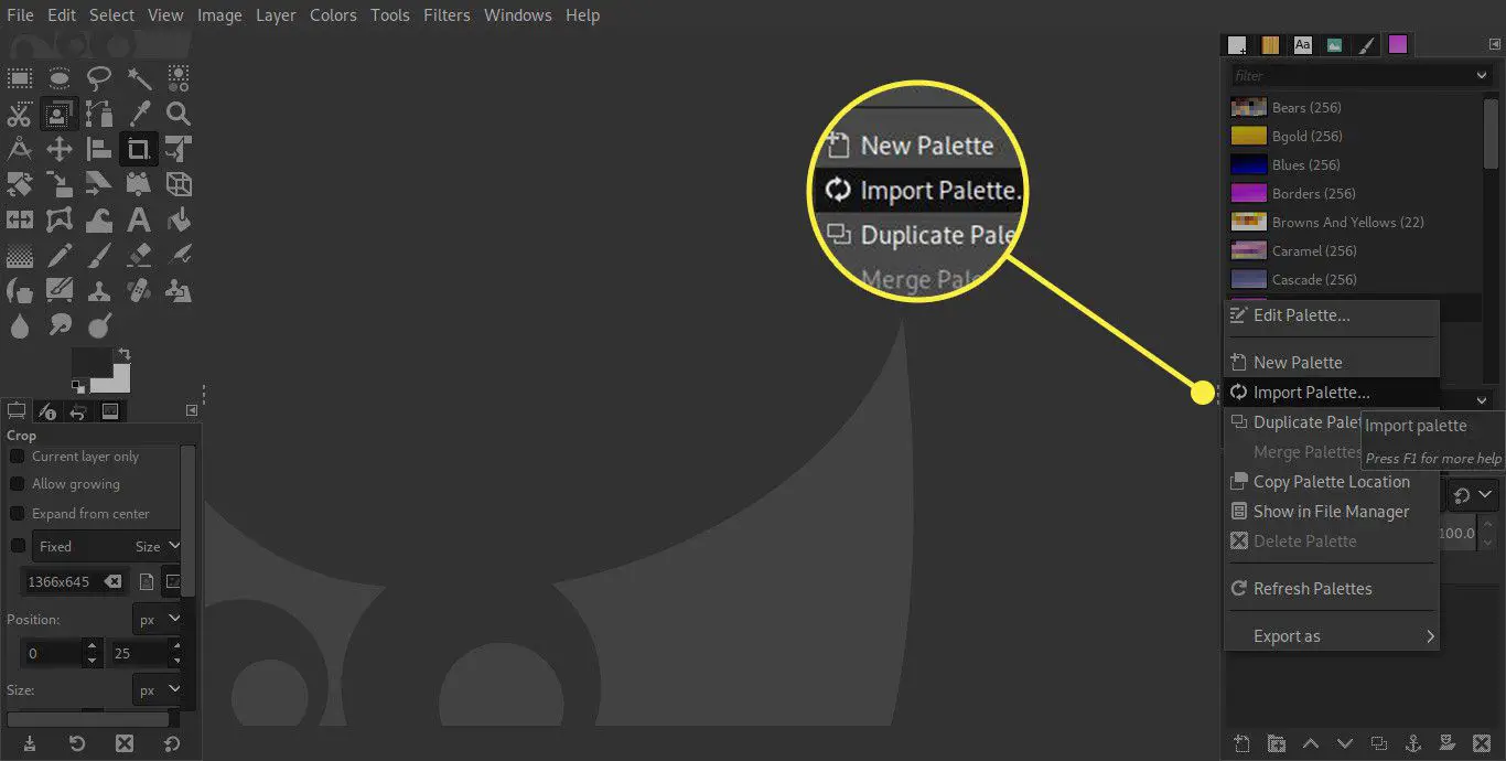 Uma captura de tela do menu Paleta do GIMP com o comando Import Palette destacado