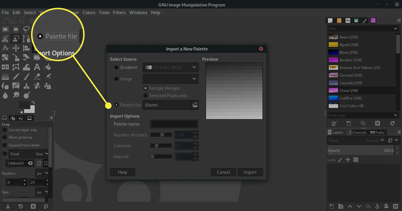 Uma imagem da janela Import a New Palette do GIMP com a opção Palette File destacada