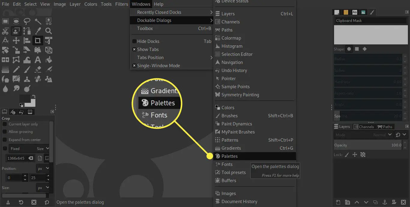 Uma captura de tela do GIMP com o comando Palettes no menu Dockable Dialogues destacado