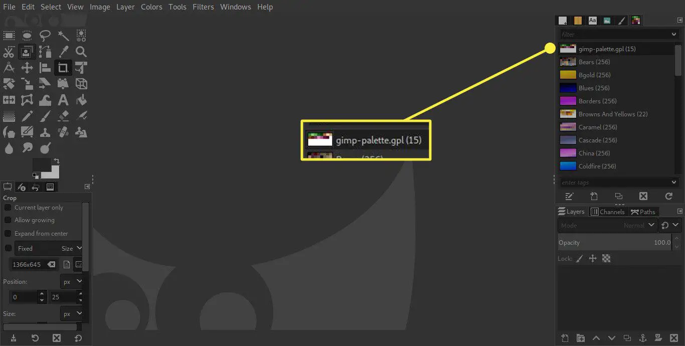Uma captura de tela do GIMP com uma paleta personalizada em destaque