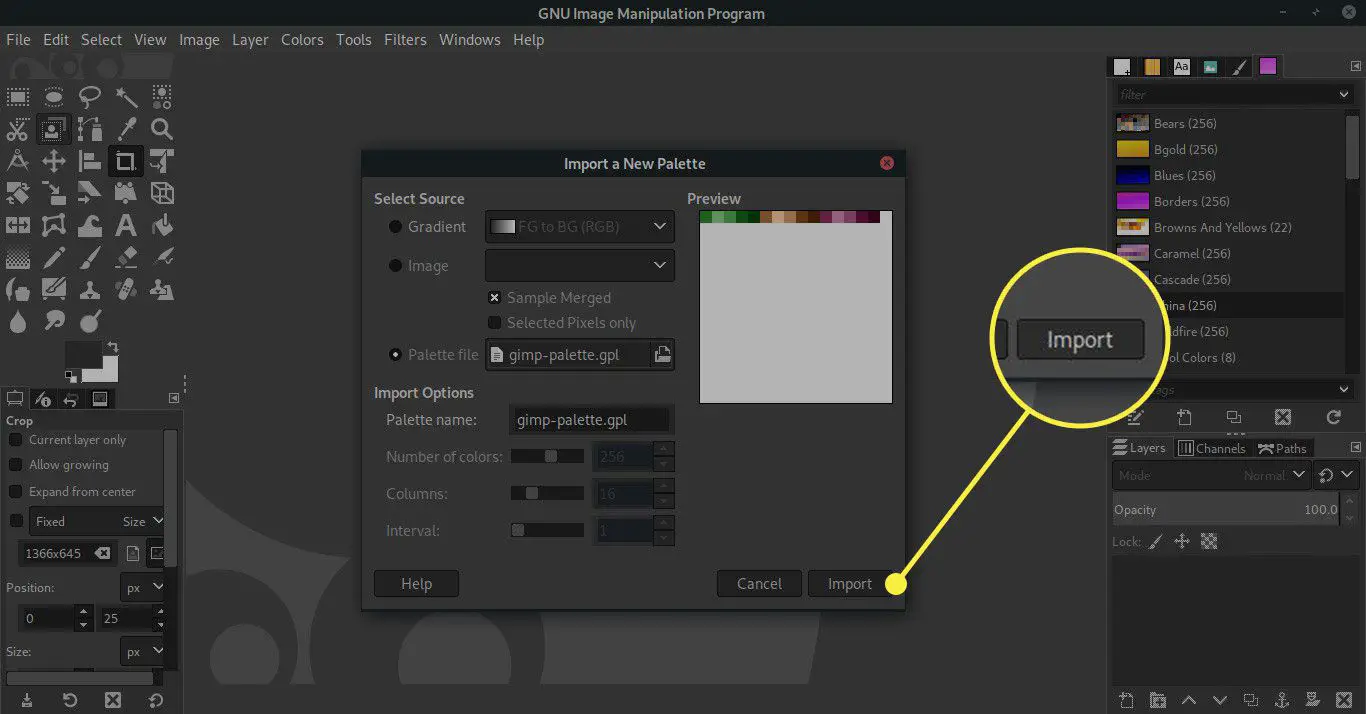 Uma captura de tela do GIMP "Importar uma nova paleta" janela com o botão Importar destacado