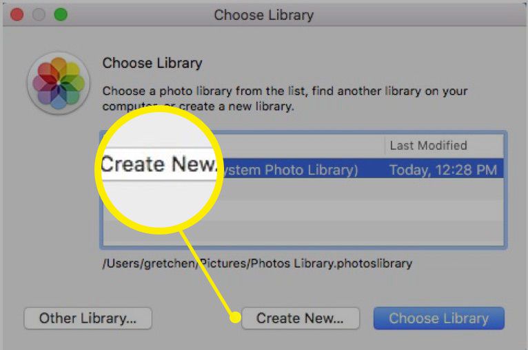 Captura de tela da criação de uma nova biblioteca no Fotos