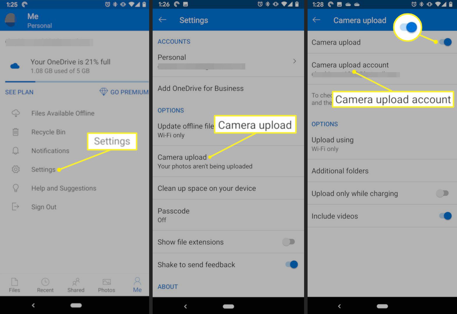 Caminho para ativar uploads de câmera no OneDrive para Android