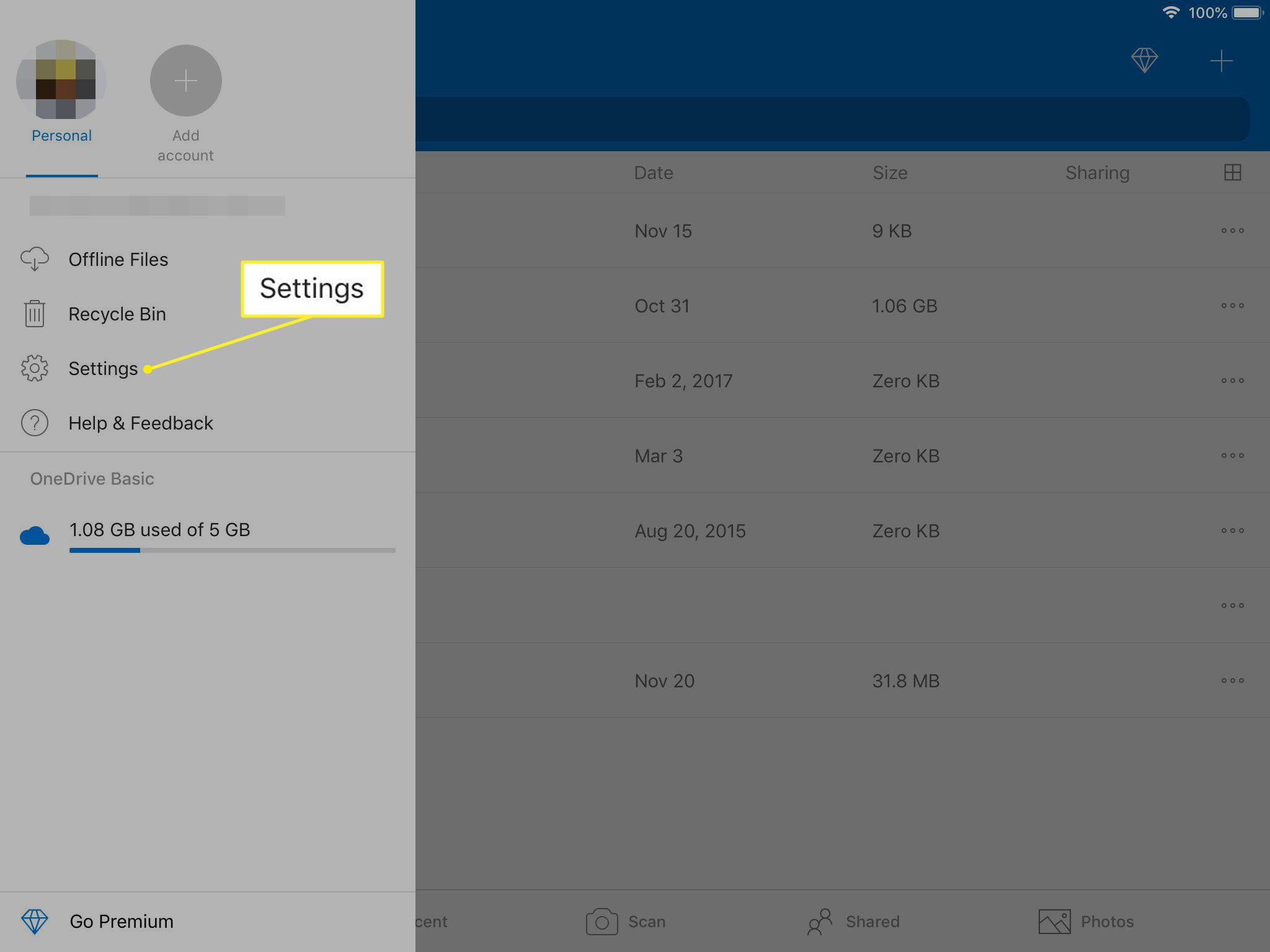 Opções de menu no OneDrive com Configurações destacadas