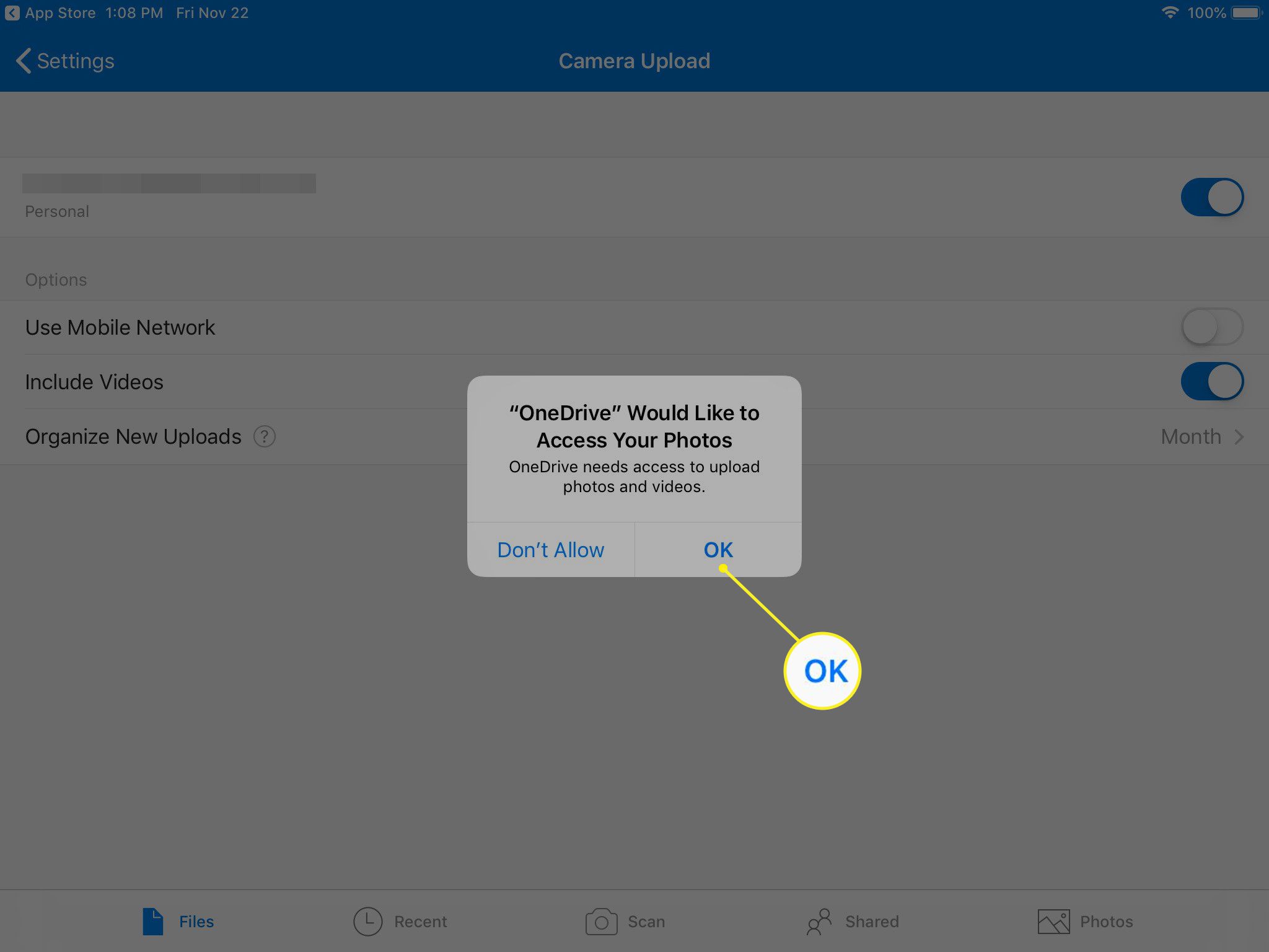 OneDrive para iOS pedindo permissão para acessar fotos com OK destacado