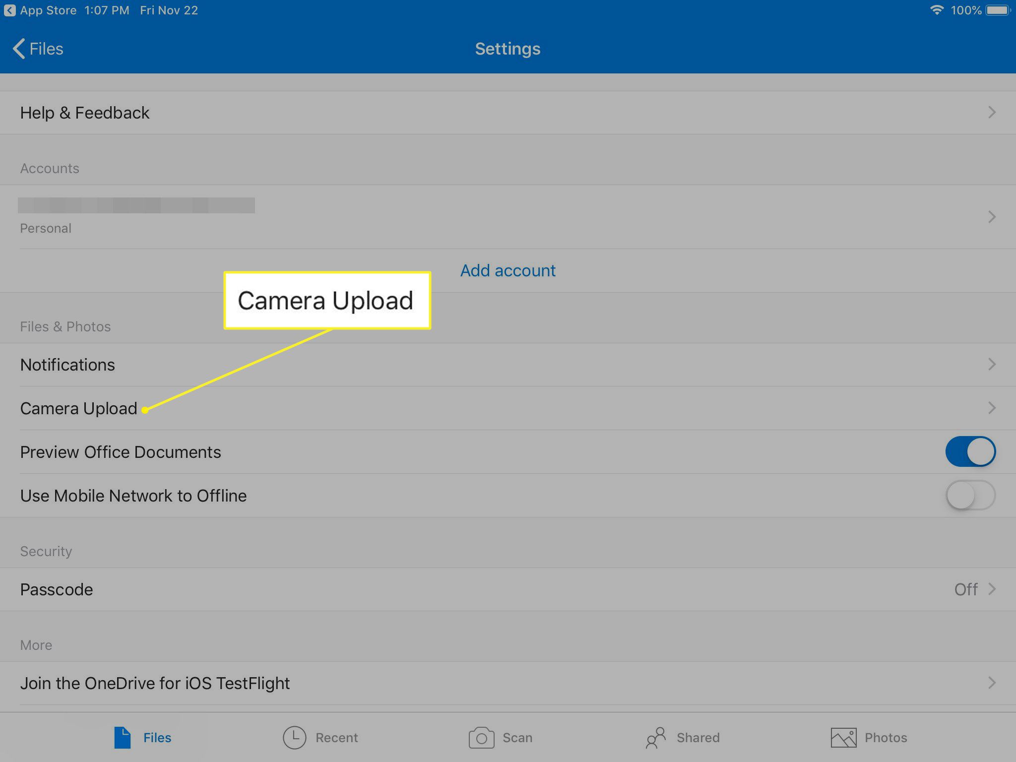 Configurações no OneDrive para iOS com upload da câmera destacado
