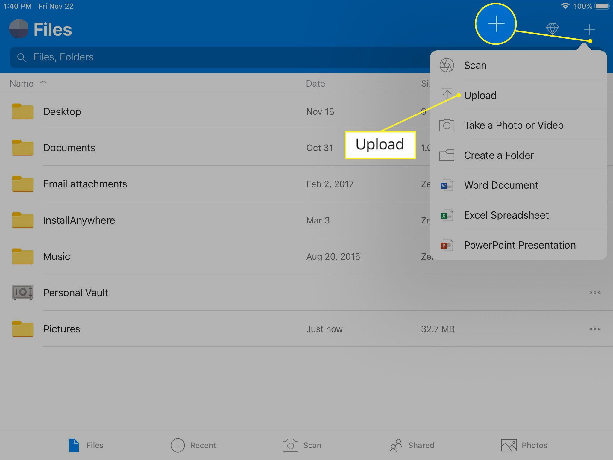 OneDrive para iOS com Upload destacado