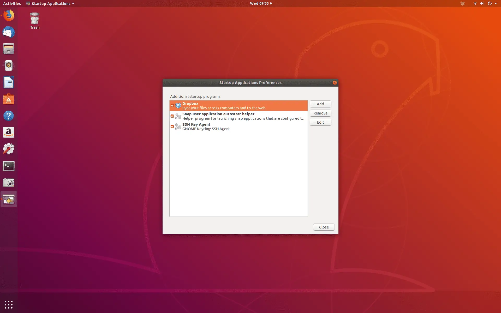 Janela de preferências de aplicativos de inicialização no Ubuntu Linux
