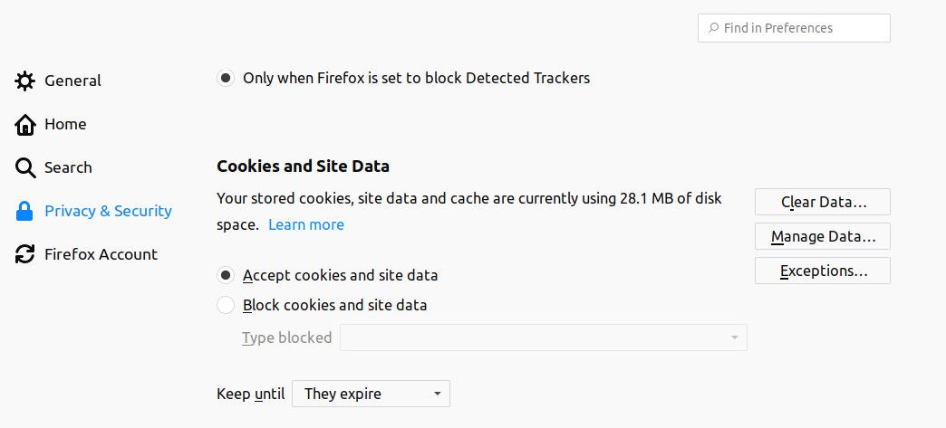 A seção Cookies e dados de sites das preferências do Firefox
