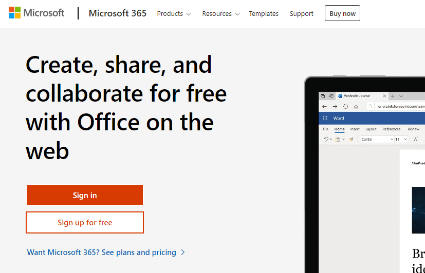 Captura de tela da página de inscrição do Microsoft Office Online
