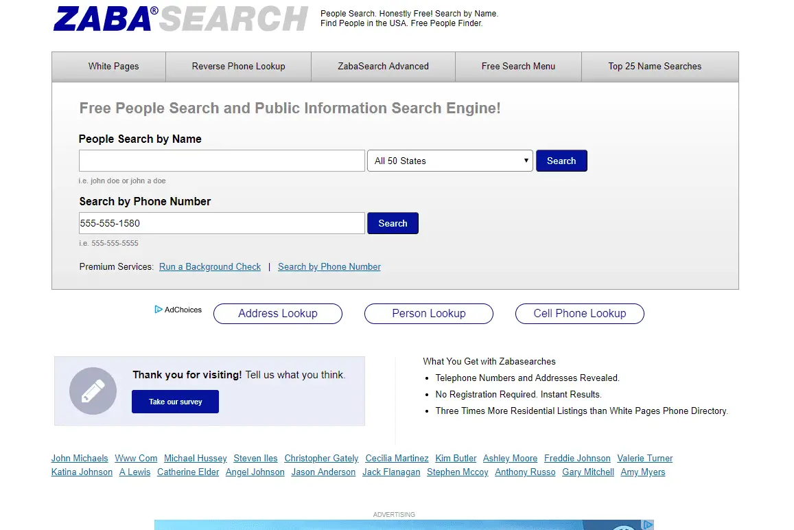ZabaSearch pesquisa reversa de número de telefone