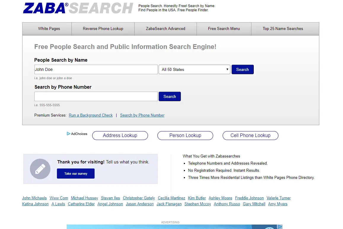 Caixa de texto ZabaSearch People Search by Name