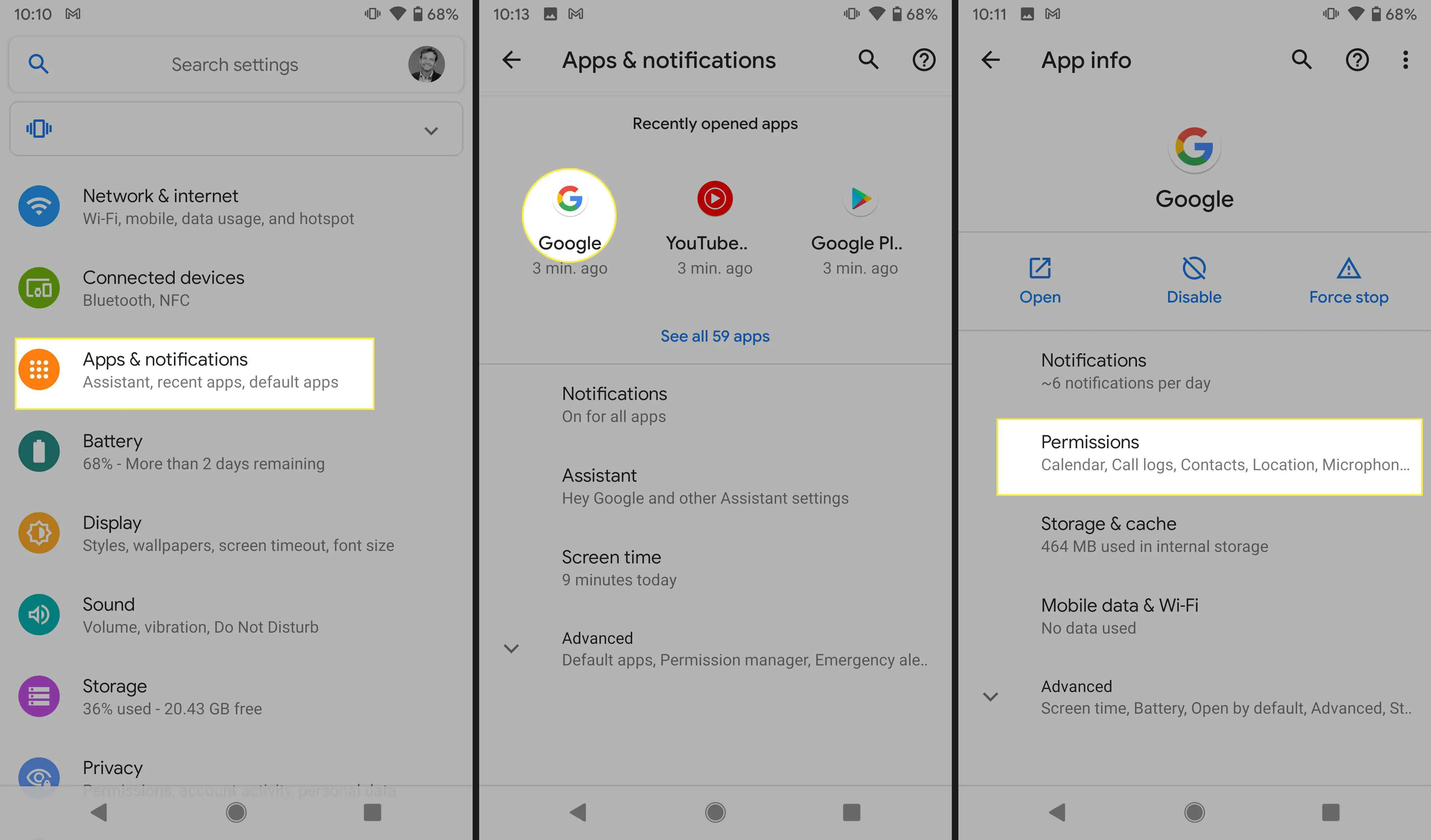 Acesse suas permissões do Google app em um dispositivo Android