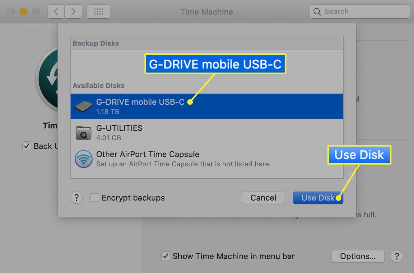 Menu de seleção de drive do Time Machine com Use Disk destacado