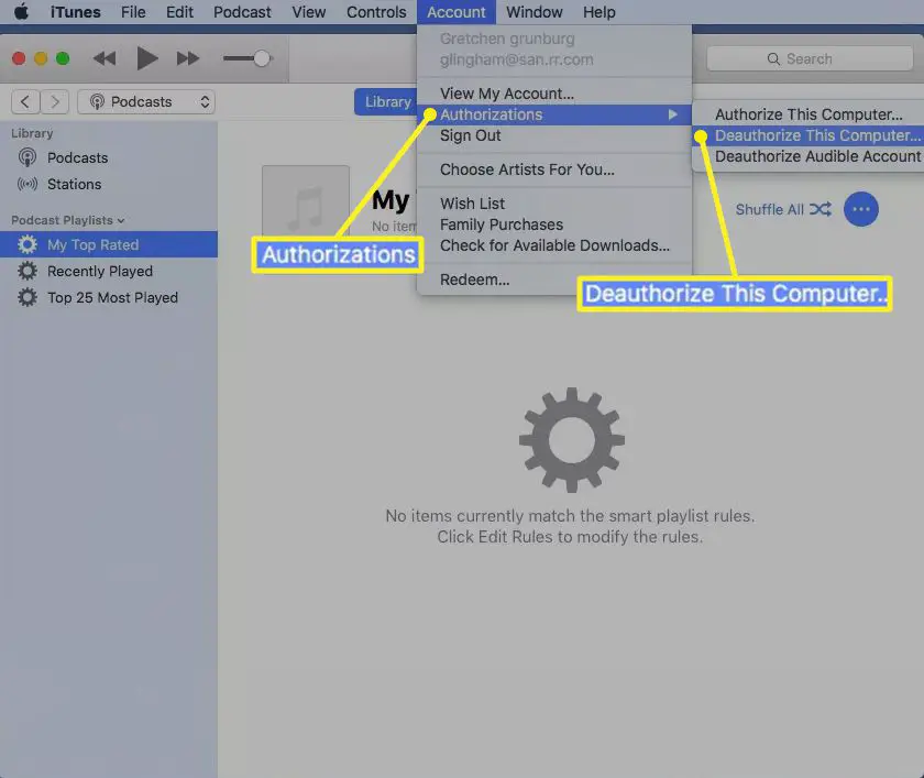 desautorizar o iTunes como parte do processo de redefinição de fábrica do mac