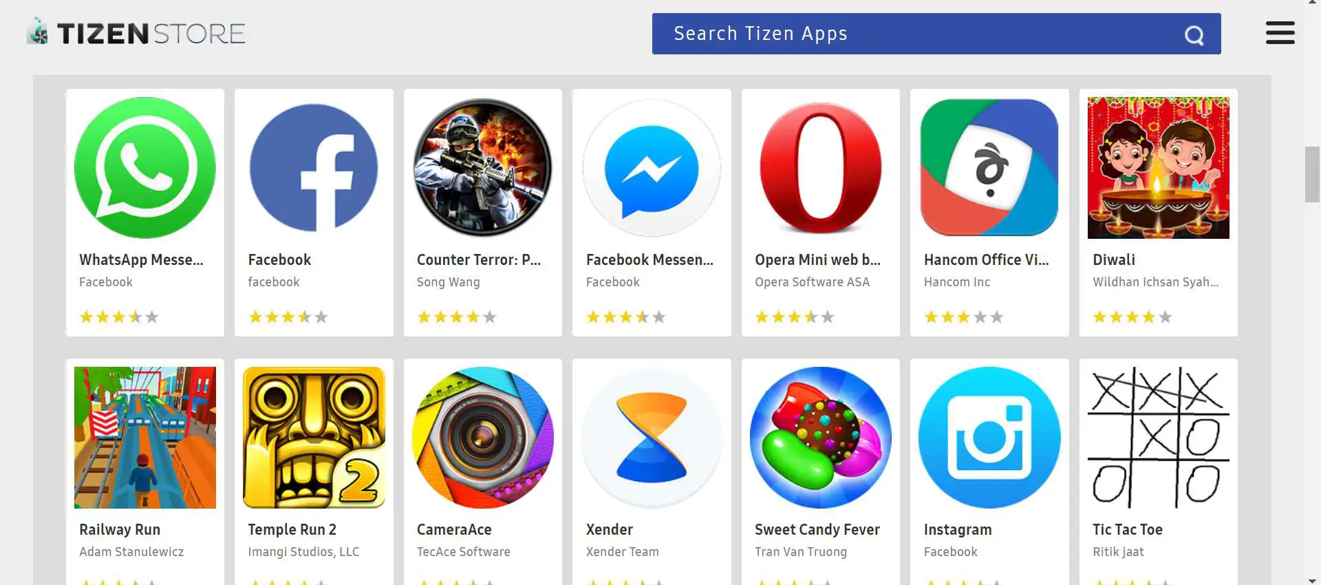 Tizen app store com duas linhas de aplicativos e uma barra de pesquisa