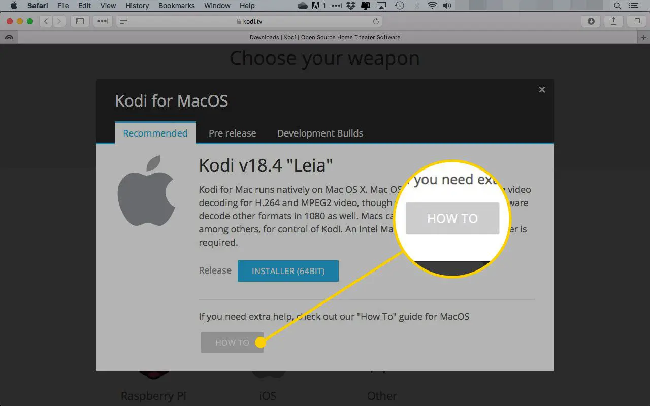 Janela do Kodi para MacOS com o botão Como fazer em destaque