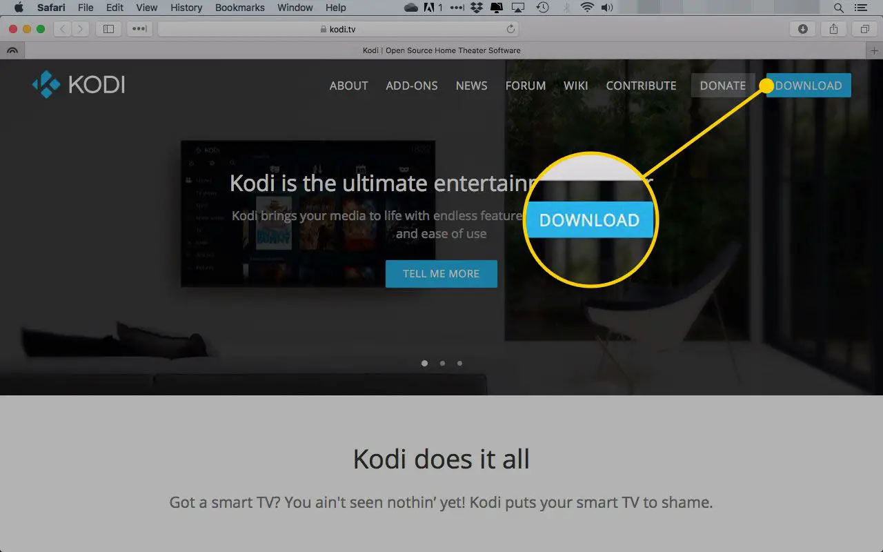 A página inicial da Kodi com o botão de download destacado