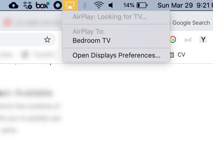 Opções do macOS AirPlay na barra de menu