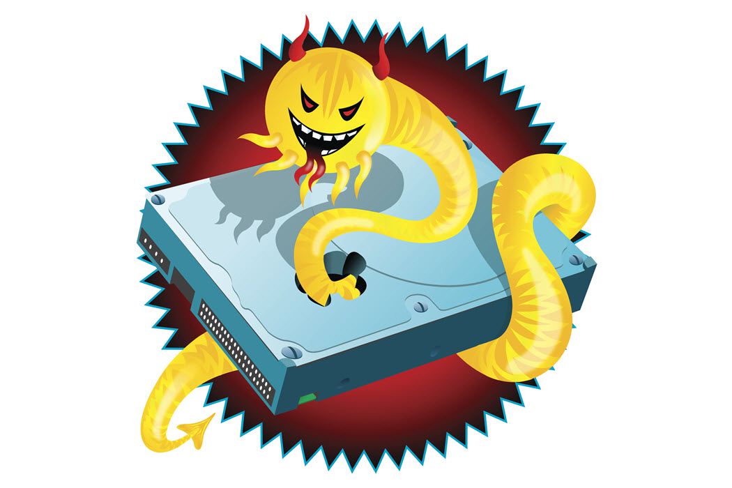Uma ilustração de um worm de computador destrutivo, que é um ataque cibernético sintático.