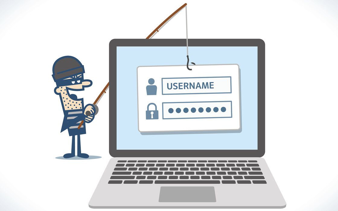 Uma ilustração de um phishing cibercriminoso de nomes de usuário e senhas;  um tipo de ataque cibernético semântico.
