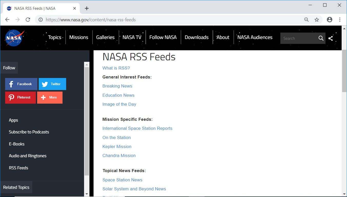 Página da web Nasa.gov RSS Feeds mostrando uma lista de RSS feeds no site