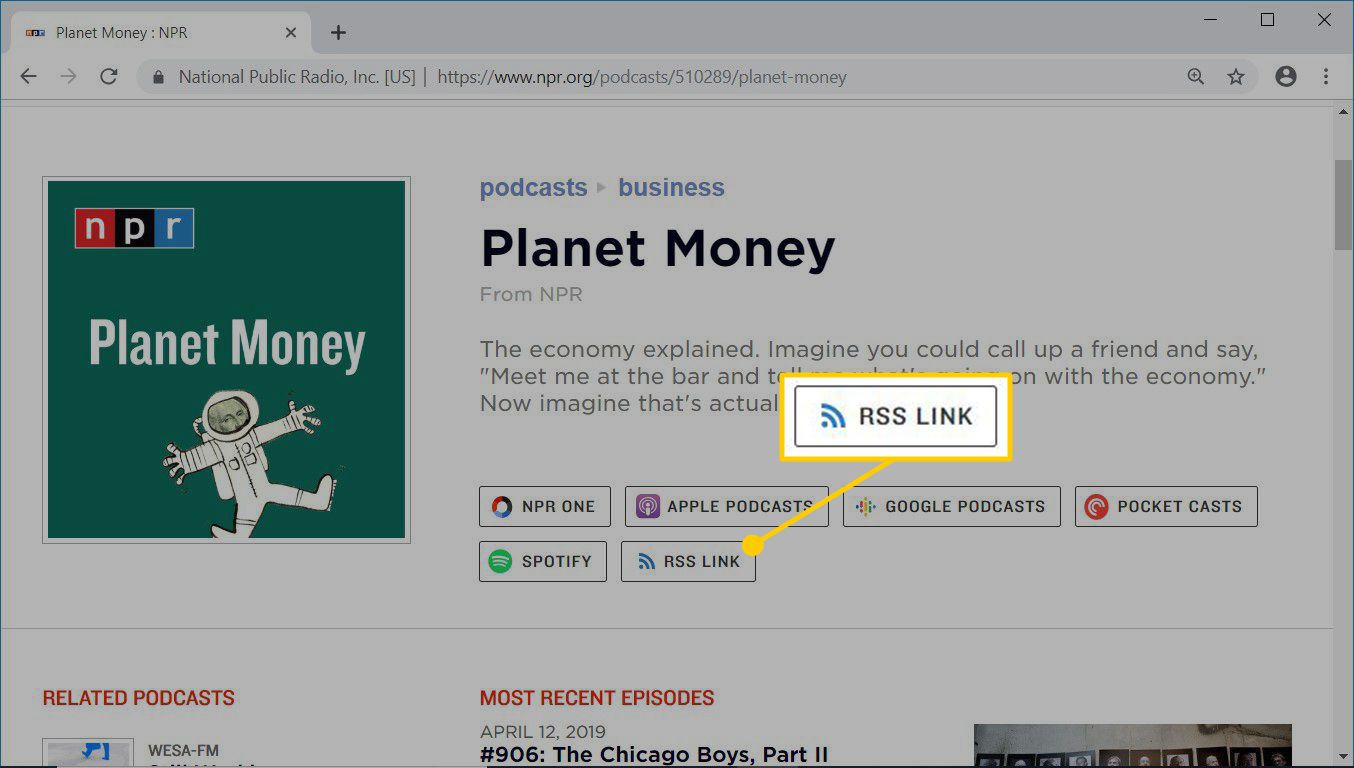 Página da web do Planet Money em podcasts da NPR.org mostrando um link RSS para um feed RSS