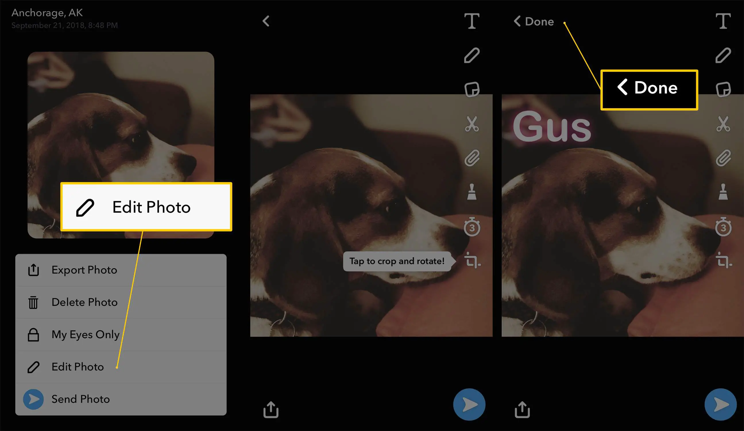 Três telas do iOS do Snapchat mostrando os botões Editar foto, edição e Concluído