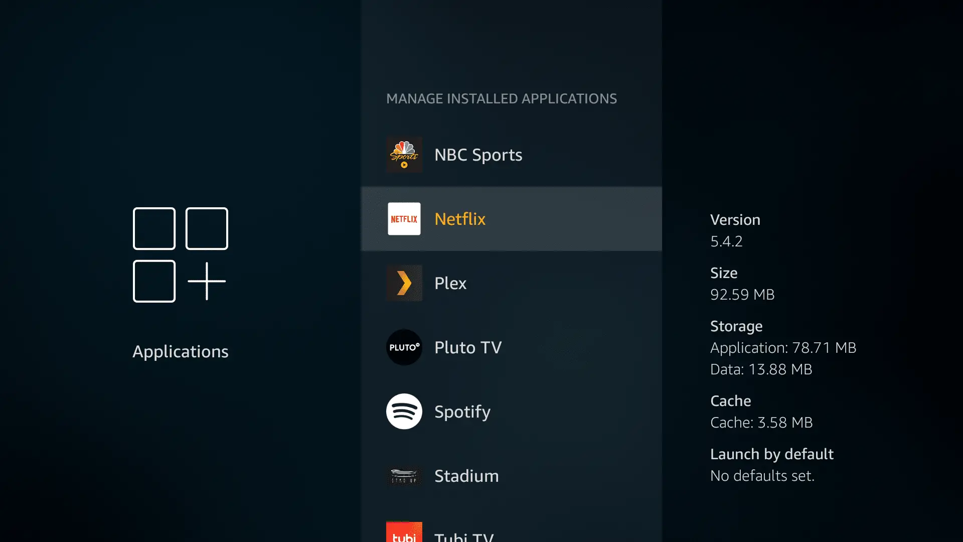 o menu de seleção de gerenciamento de aplicativos Fire TV