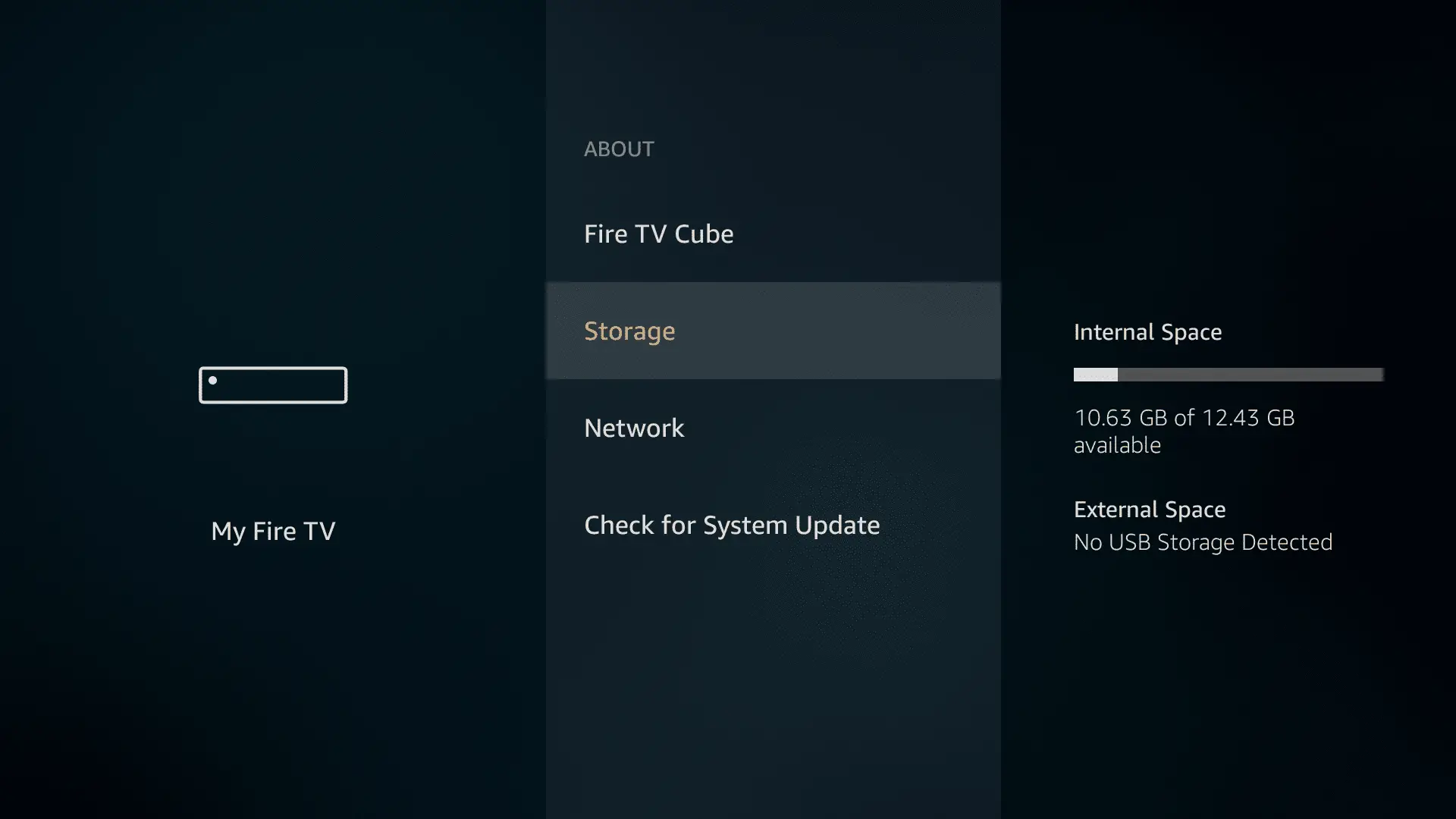 A tela do menu de armazenamento em um dispositivo Fire TV