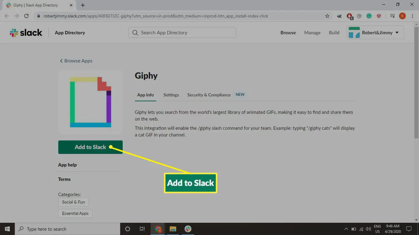 Selecione Adicionar ao Slack na página do aplicativo Giphy.