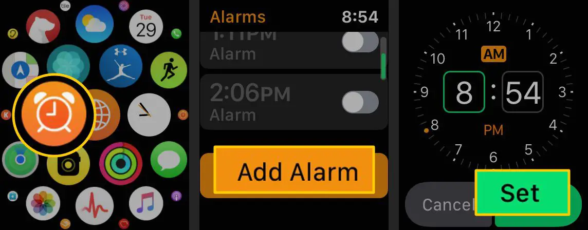 Ícone de alarme, botão Adicionar alarme, botão Definir no Apple Watch