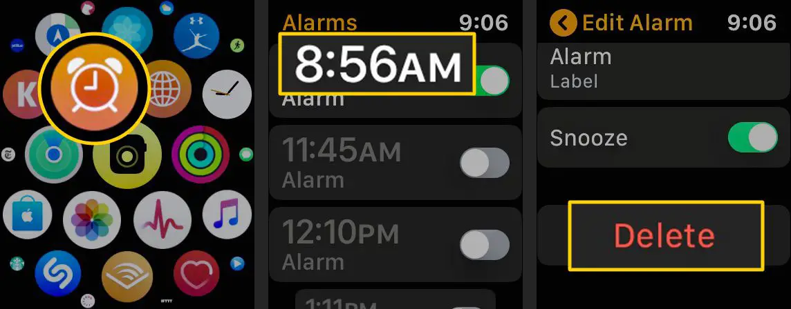 Ícone de alarme, alarme para excluir, botão Excluir no Apple Watch