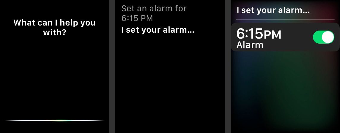Siri, "Definir um alarme para 18:15", "Eu defini seu alarme ..." no Apple Watch