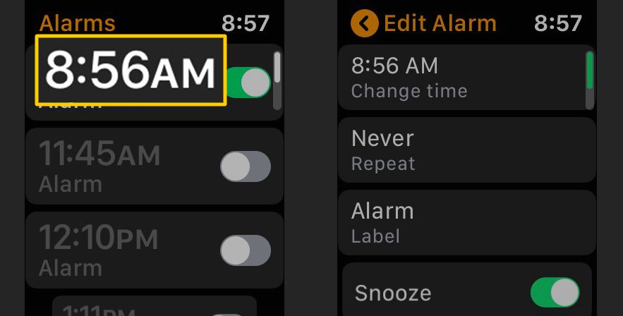 Hora do alarme, opções de edição para Apple Watch