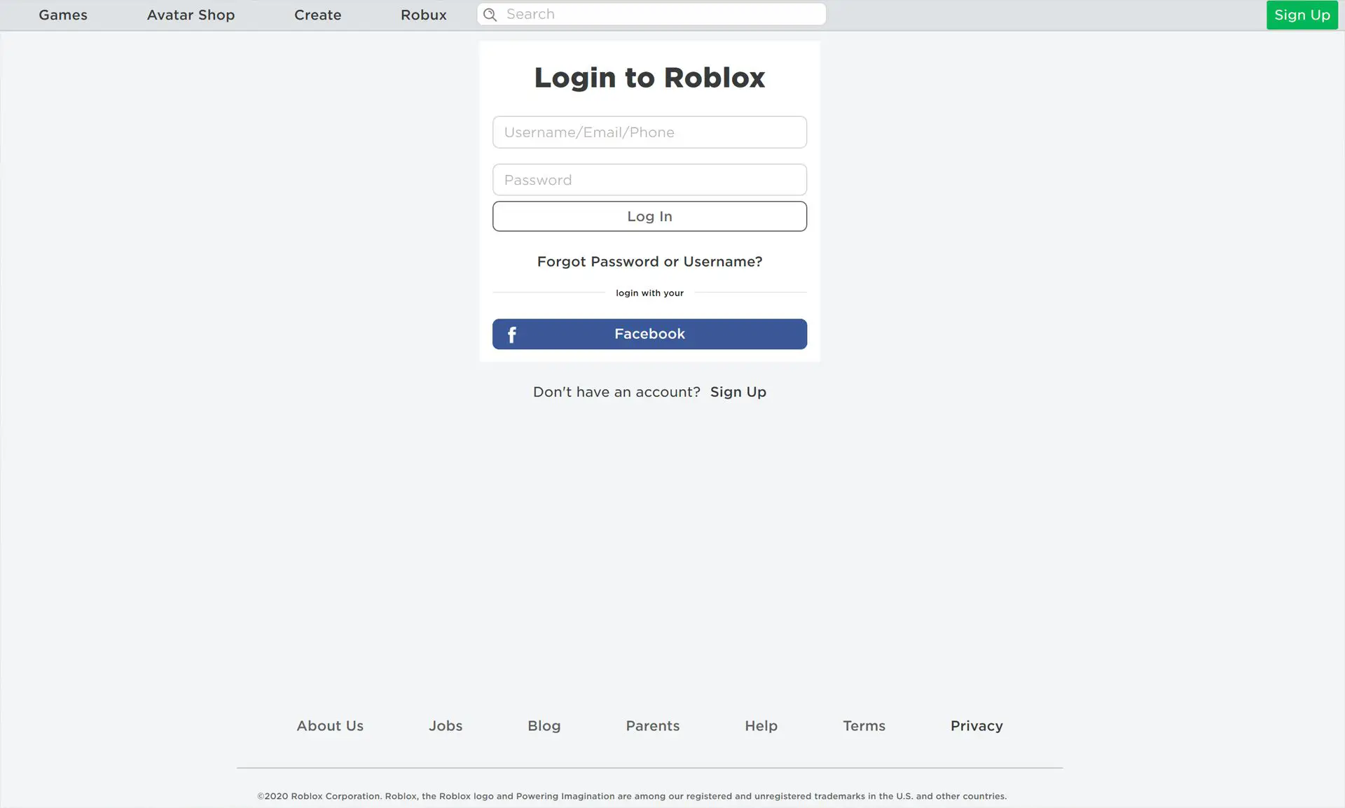 Site de videogame Roblox.