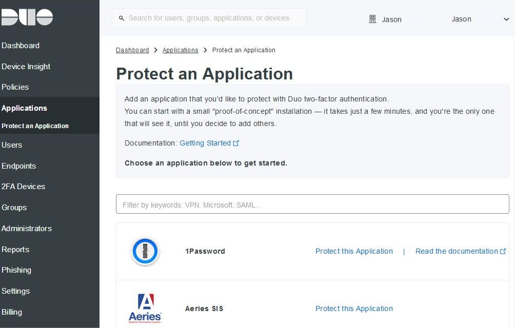 Uma captura de tela das opções de proteger um aplicativo do Duo.