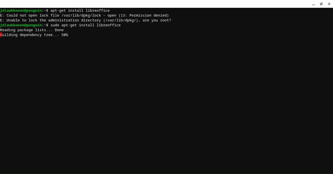 Uma captura de tela da janela do terminal Linux com o comando sudo executado.