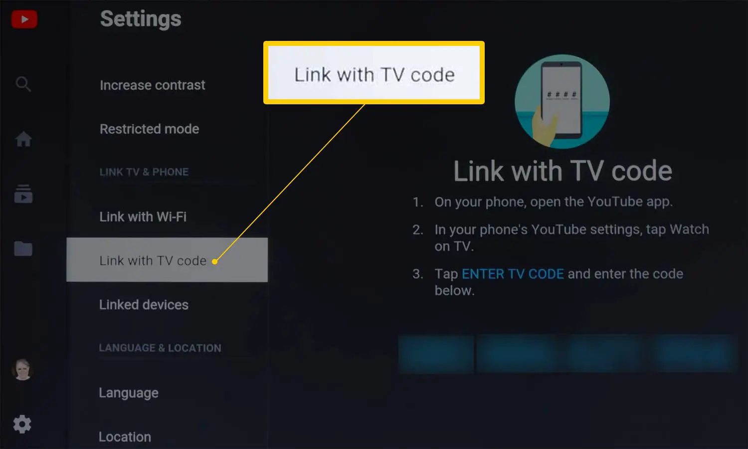 A opção Link com código de TV