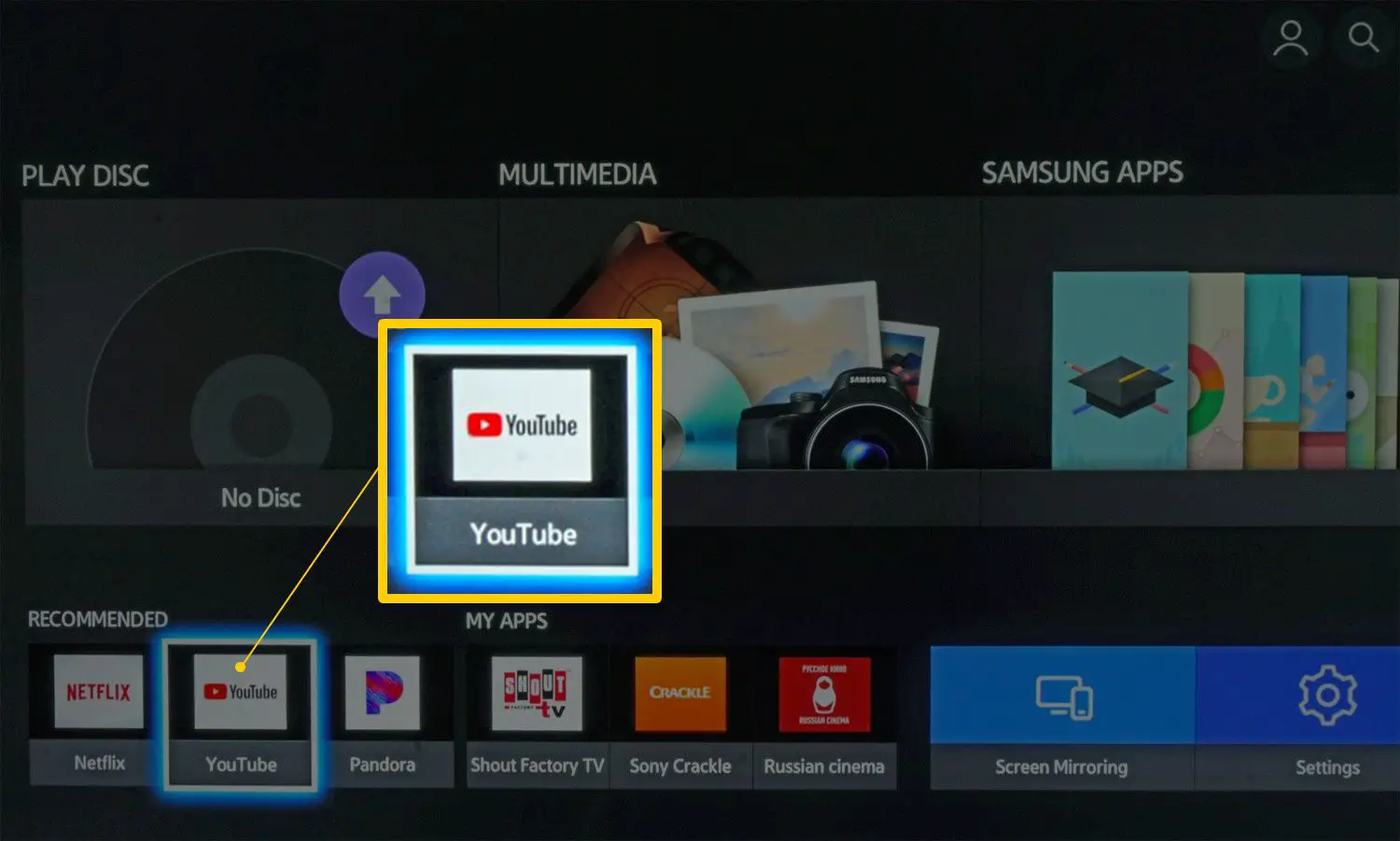 O aplicativo do YouTube em um reprodutor de Blu-ray